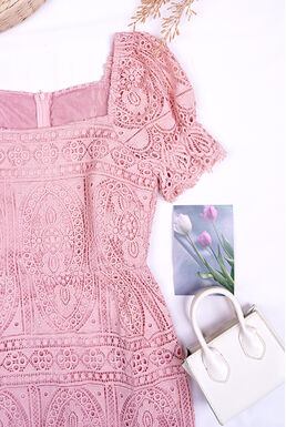 Square Neck Crochet Lace Overlay Pencil Dress (Pink)